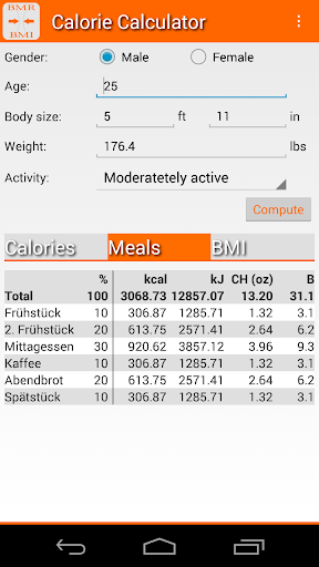Calorie Calculator BMR + BMI Screen 3