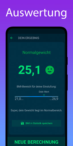 BMI Rechner und Statistik Screen 3
