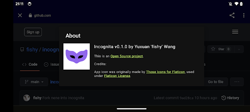 Android application Incognita screenshort