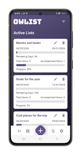 Android application Owlist: To do & Bucket list screenshort