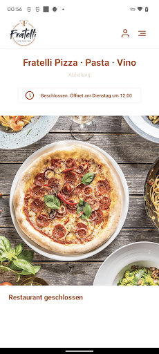 Android application Fratelli Pizza · Pasta · Vino screenshort