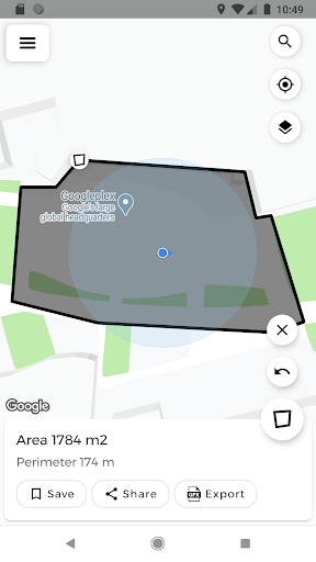 Android application Area - fields area, distance a screenshort