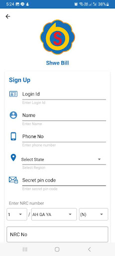 Android application Shwe Bill Pay screenshort