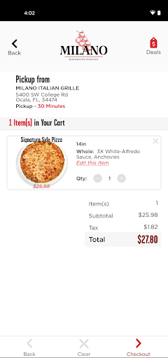 Screenshot of Milano Pizzeria Ocala