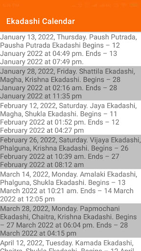 Ekadashi Calendar Screen 2