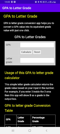 Android application GPA to Letter Grade screenshort