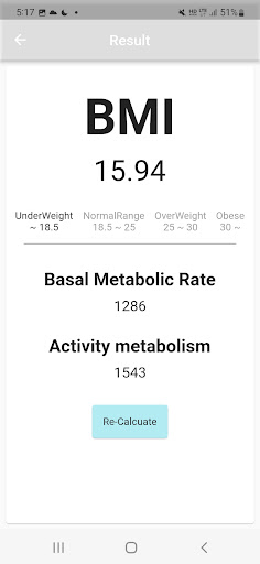 BMR calculator - BMI, BMR, AMR Screen 2