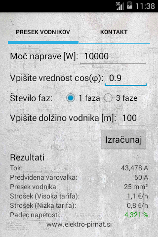 Android application elektro PIRNAT kalkulator screenshort