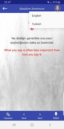 Turkish-English Sentences Screen 2