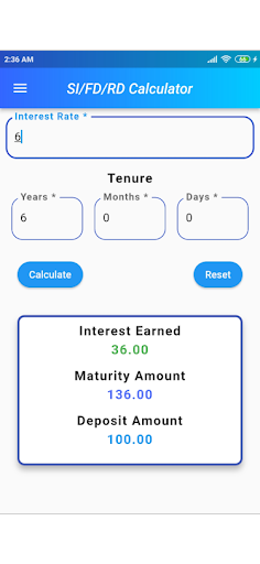 SI/FD/RD Calculator Screen 3