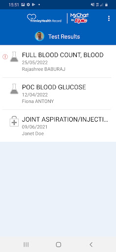 MyFrimleyHealth Record Screen 2