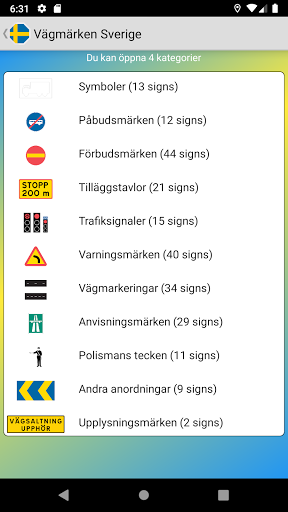 Android application Sverige vägskyltar screenshort