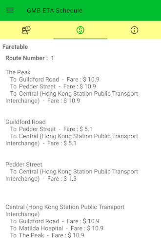 Green Minibus ETA Schedules Screen 3