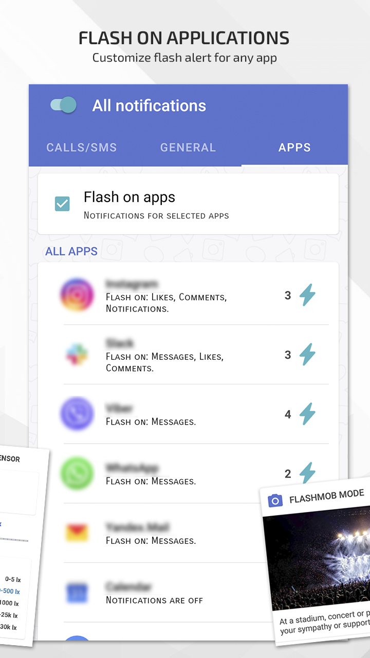 Android application FlashOnCall Premium (call and app) screenshort