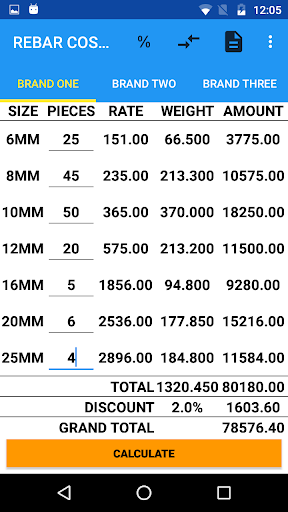 Steel TMT RebarCost Calculator Screen 3