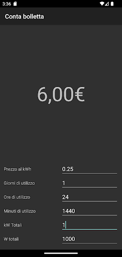 Android application Calcolatore costo elettricita screenshort