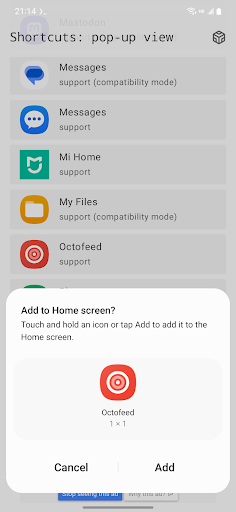 Shortcuts: pop-up view Screen 2