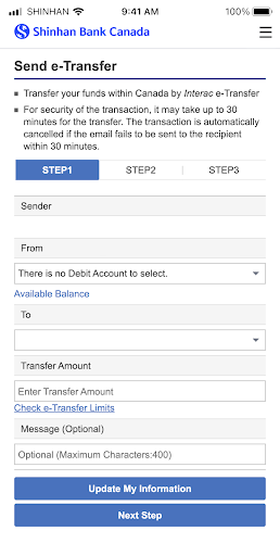 SHINHAN CANADA BANK E-Banking Screen 3