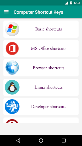 Android application Computer Shortcut Keys screenshort