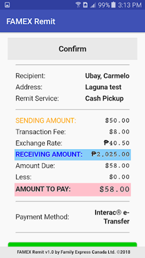 FAMEX Remit App Screen 3