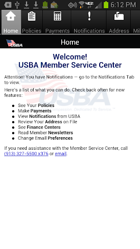 Android application USBA Member Service Center screenshort