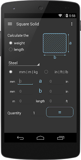 Android application Steel Weight Calculator screenshort