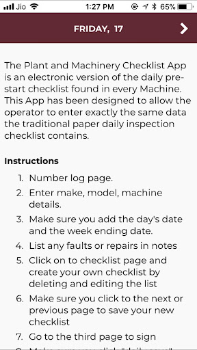 Plant and Machinery daily check list