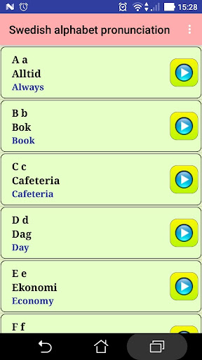 Android application Swedish alphabet pronunciation screenshort