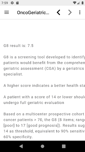 OncoGeriatric Calculator Screen 2