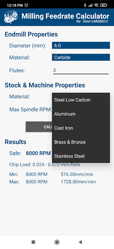 Milling Feedrate Calculator Screen 2