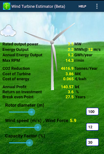 Android application Wind Turbine Estimator beta screenshort