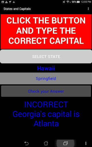 States and Capitals Tester Screen 3