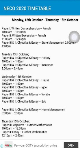 Neco Time Table 2020
