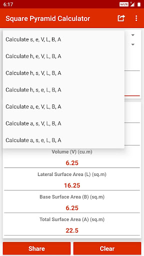 Square Pyramid Calculator Screen 2