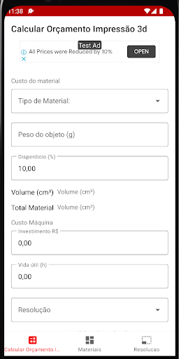 Android application Orçamento Impressão 3d screenshort