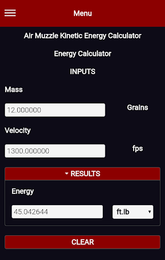 Air Muzzle Kinetic Energy Calc Screen 2