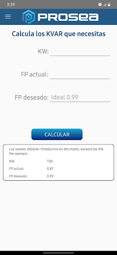 Android application CalculadoraKVAR screenshort