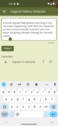 Android application Logical Fallacy Detector screenshort