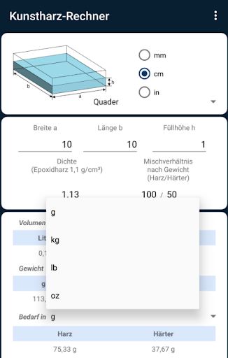 Epoxy Resin Calculator Screen 3