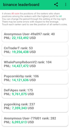 Android application binance leaderBoard screenshort