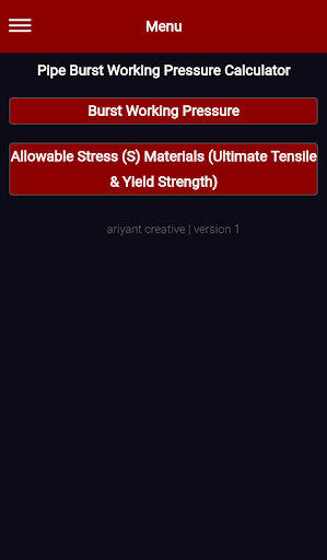 Android application Pipe Burst Working Pressure Ca screenshort