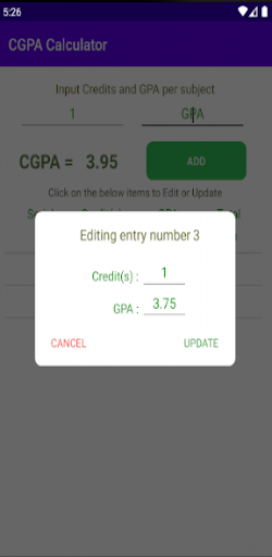 CGPA Calculator Screen 2