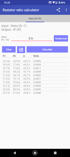 Resistor ratio calculator Screen 2