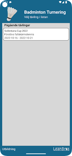 Android application Badminton Turnering screenshort
