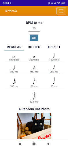 BPMeow | BPM to ms Calculator Screen 2