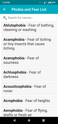 Phobia and fear list Screen 3