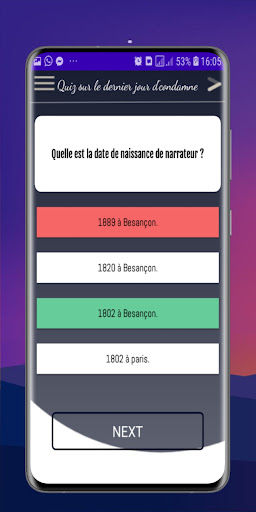 Android application Quiz sur roman condamné à mort screenshort