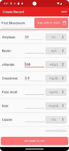 Blood Test Tracker Screen 2