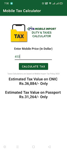 PTA Mobile Tax Calculator