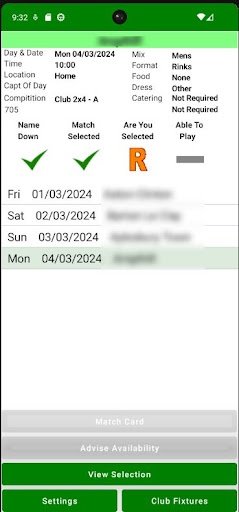 Bowls Match Availability Screen 3